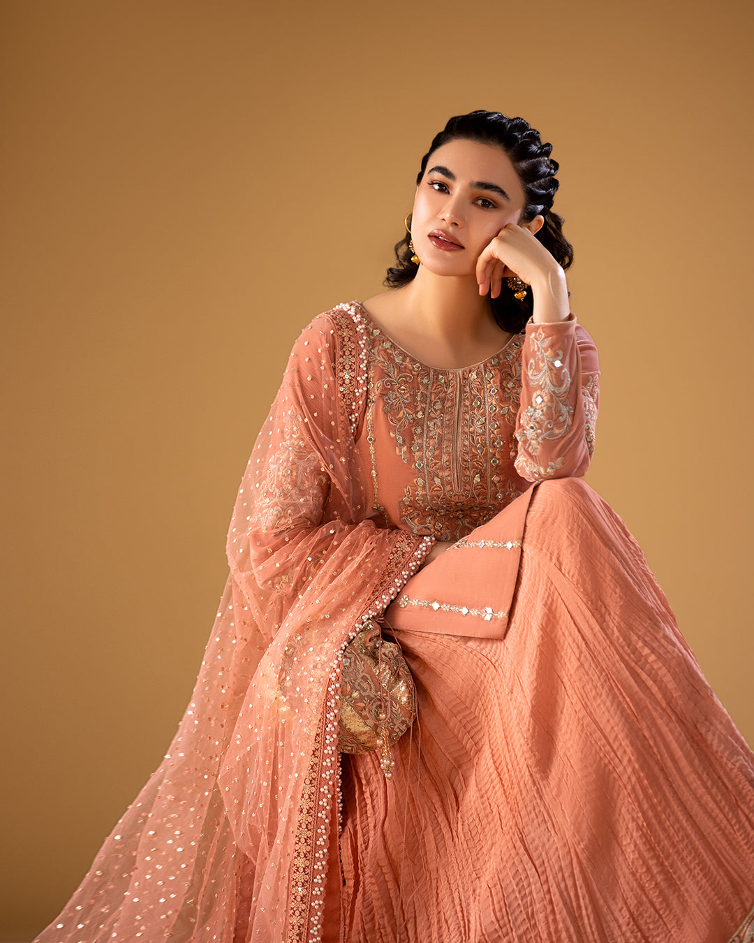 Peach Embroidered Velvet Sharara Set (3-Piece) - Image 3