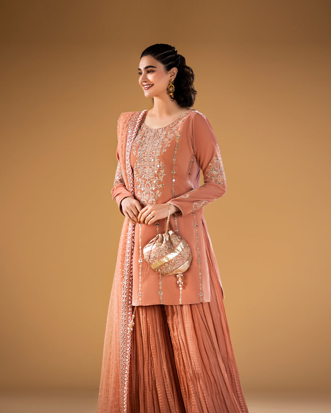 Peach Embroidered Velvet Sharara Set (3-Piece) - Image 4