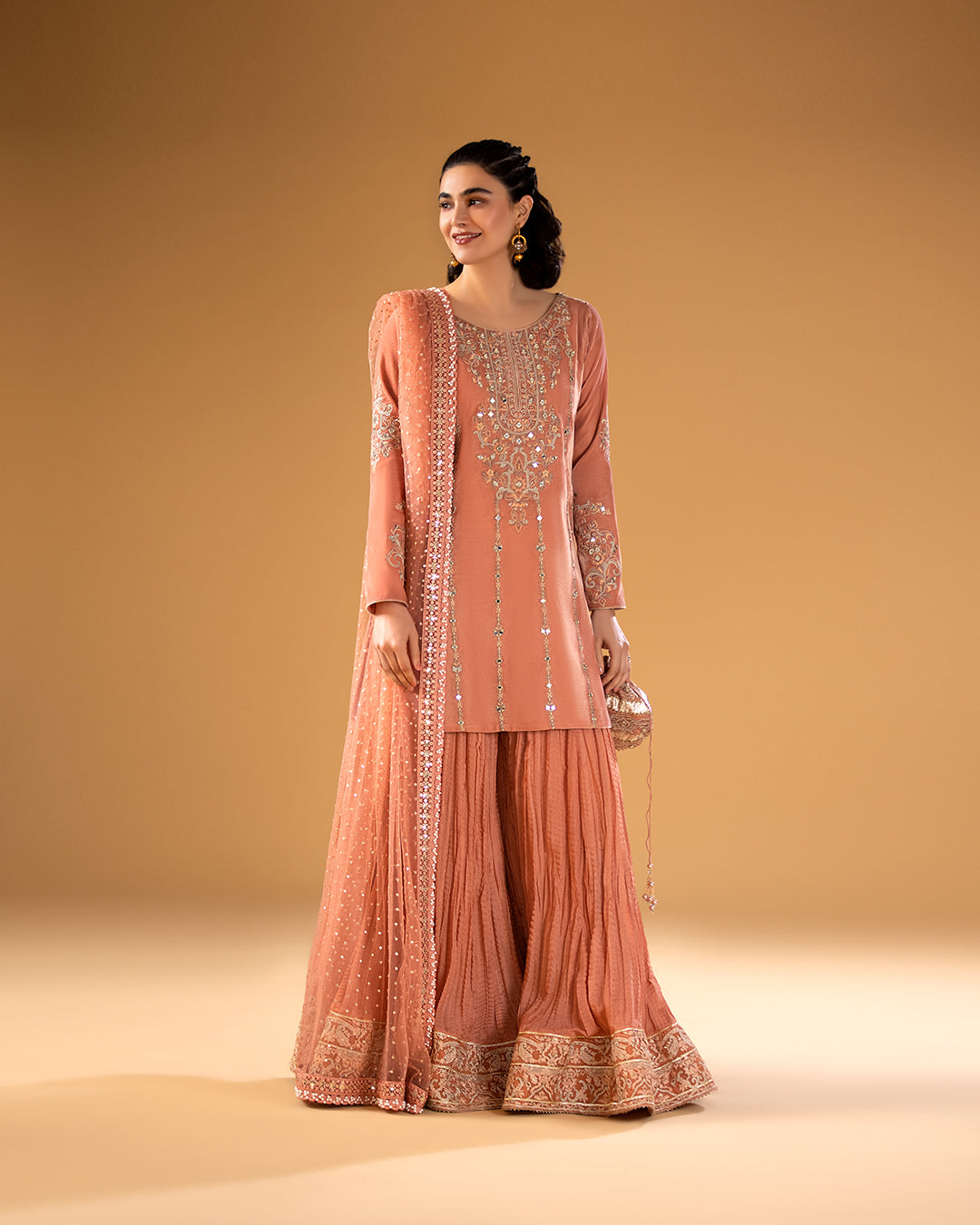 Peach Embroidered Velvet Sharara Set (3-Piece) - Image 5