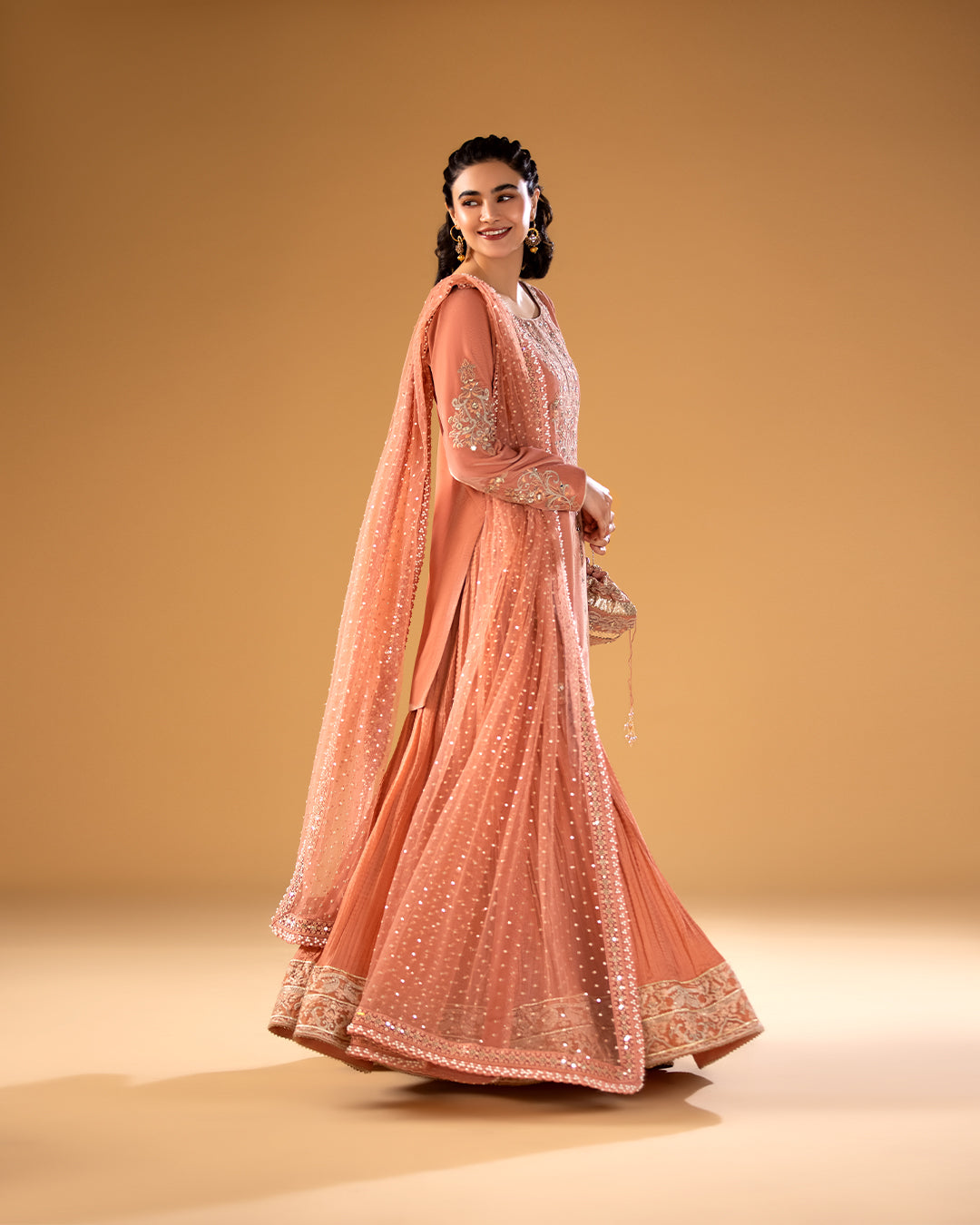 Peach Embroidered Velvet Sharara Set (3-Piece) - Image 2