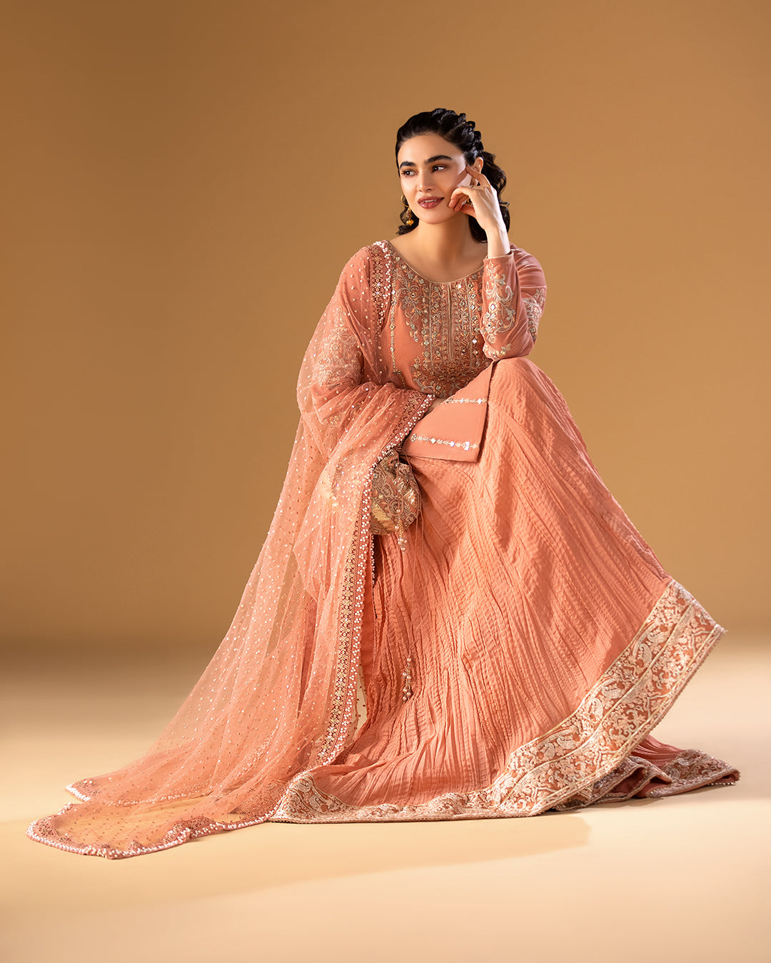Peach Embroidered Velvet Sharara Set (3-Piece) - Image 6