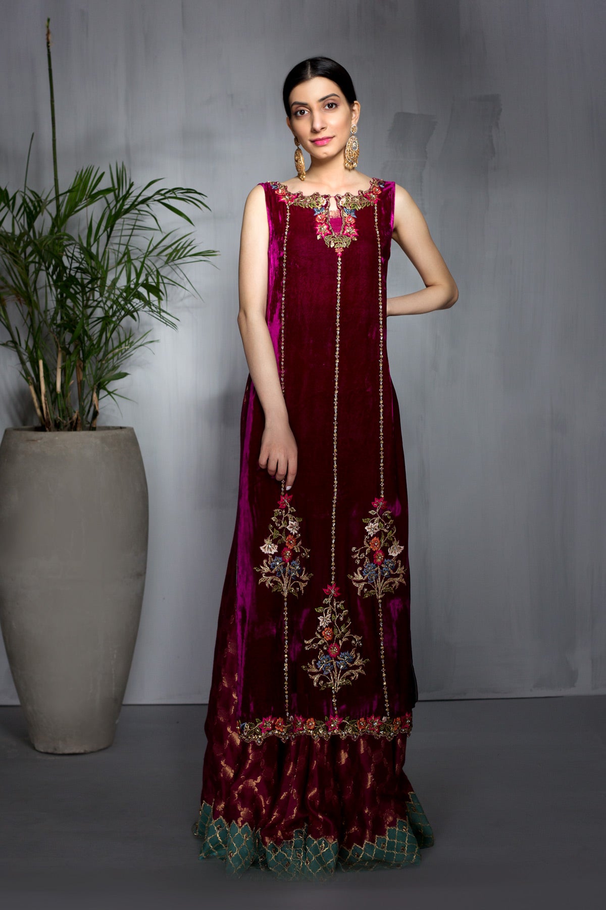 Deep Fuchsia Embroidered Velvet Sharara (2-Piece) - Image 1