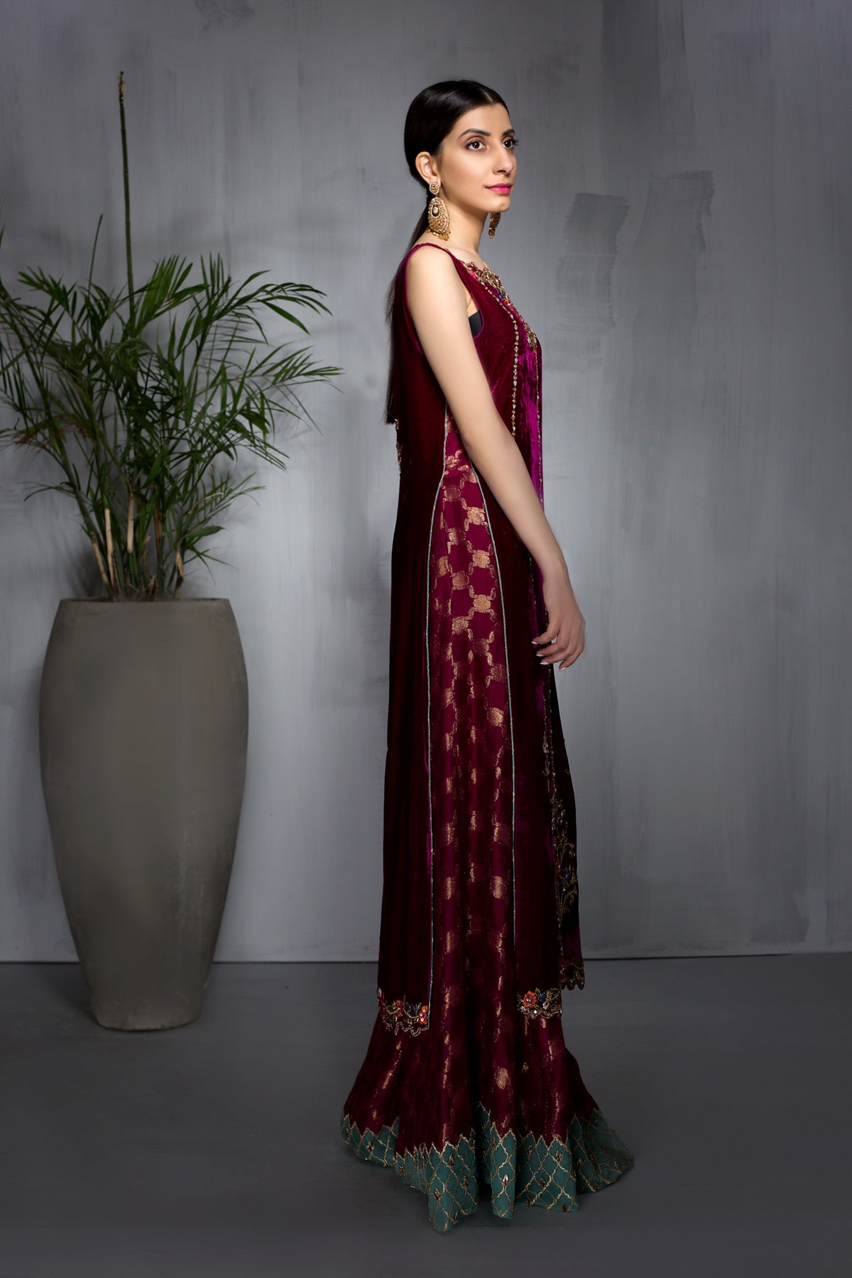 Deep Fuchsia Embroidered Velvet Sharara (2-Piece) - Image 2