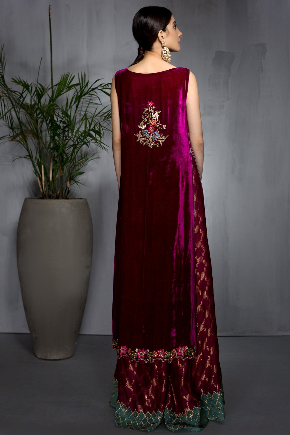 Deep Fuchsia Embroidered Velvet Sharara (2-Piece) - Image 3