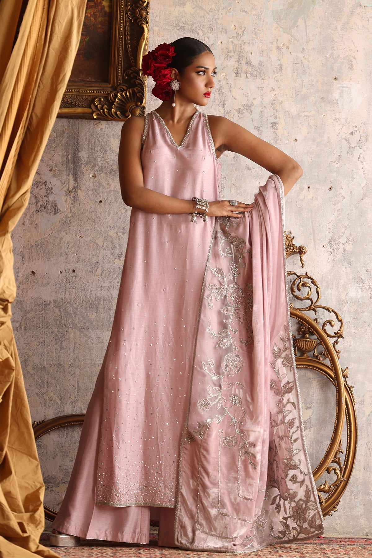 Light Pink Silver Handworked Velvet Shawl (1-Pc) - Image 1