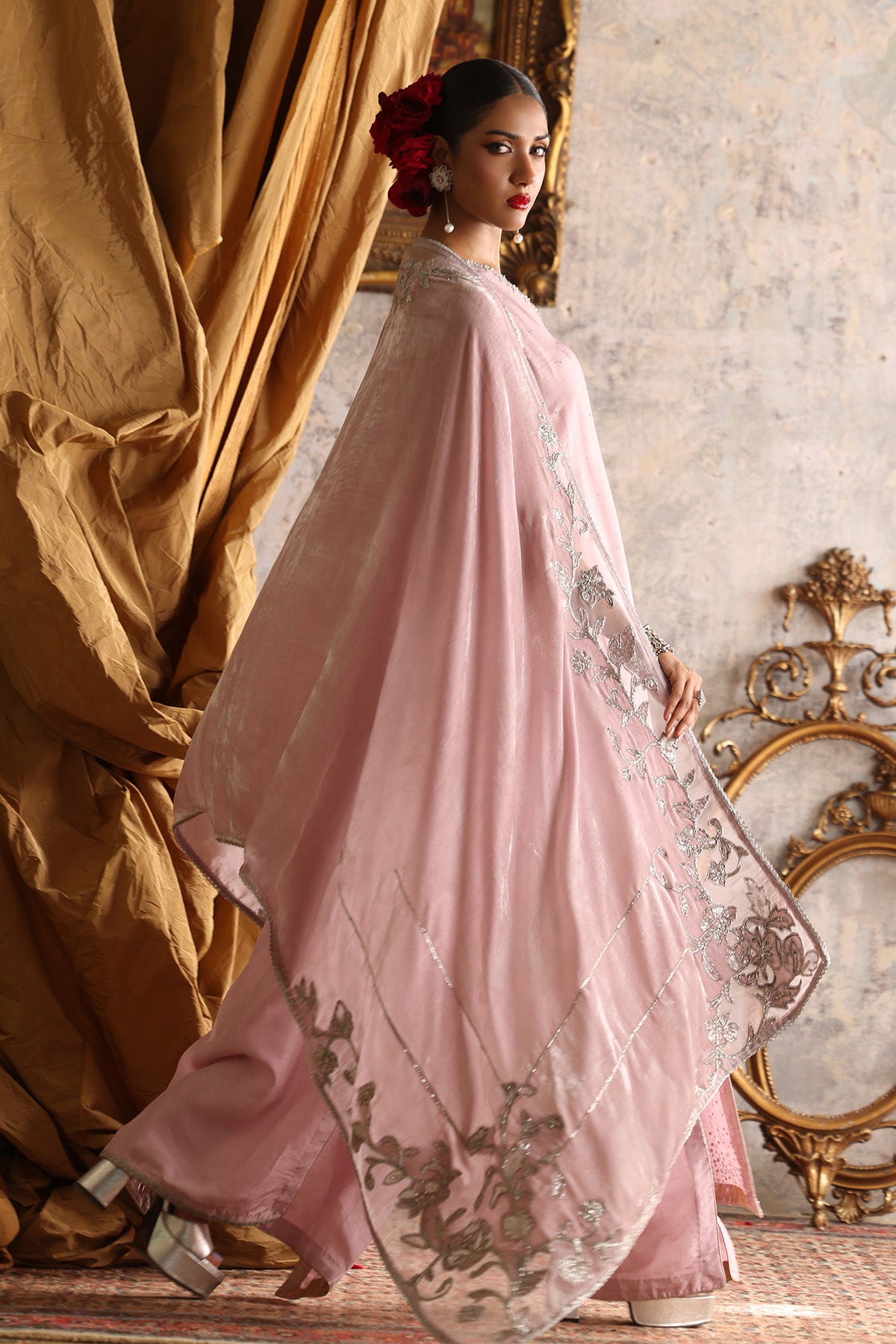 Light Pink Silver Handworked Velvet Shawl (1-Pc) - Image 2