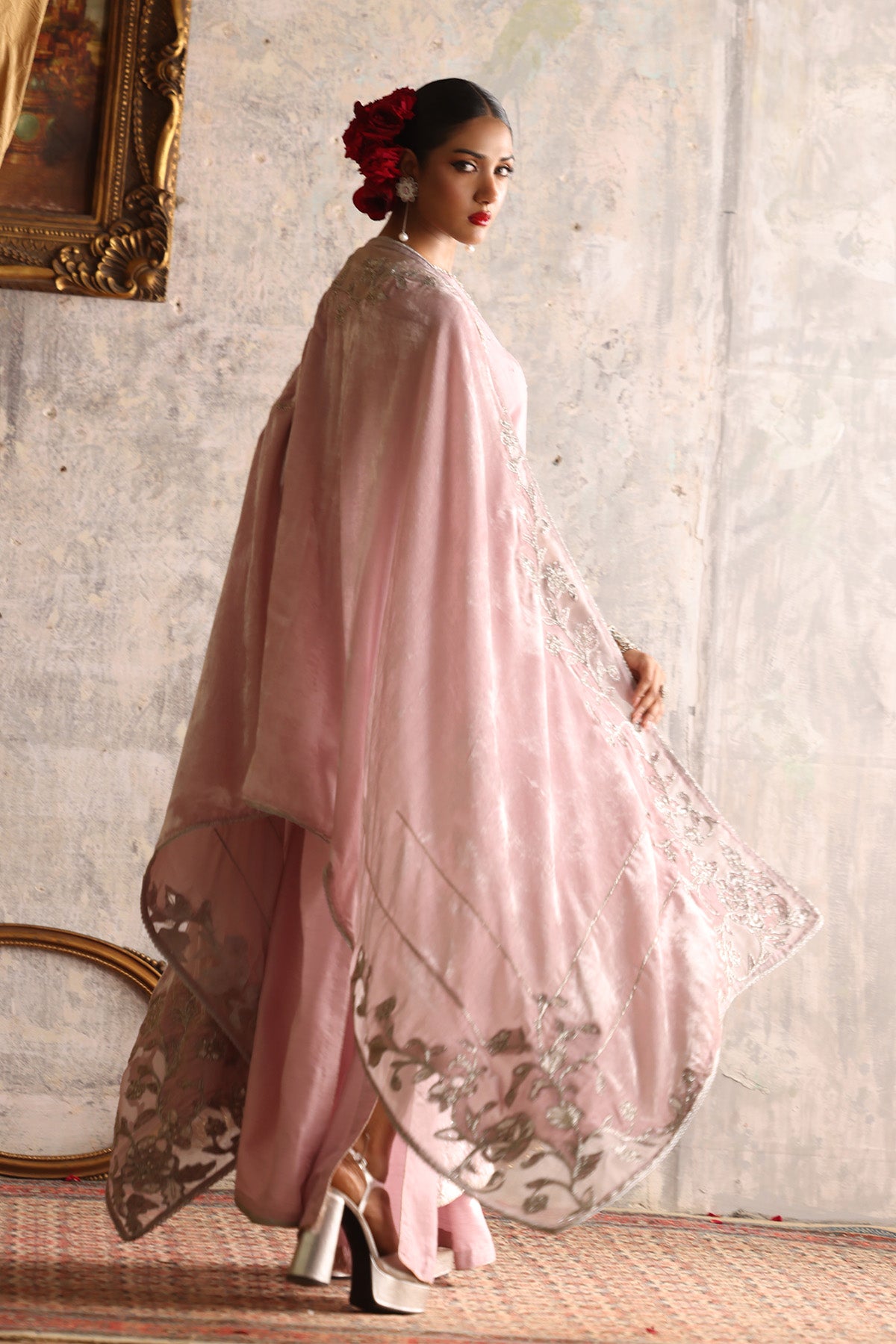Light Pink Silver Handworked Velvet Shawl (1-Pc) - Image 3
