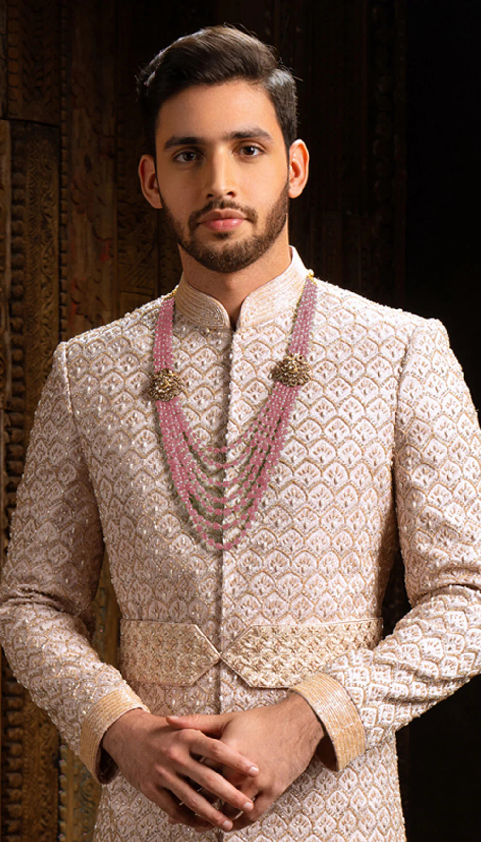 Muted Pink Metallic Threadwork Brocade Sherwani (2-Piece) - Image 2