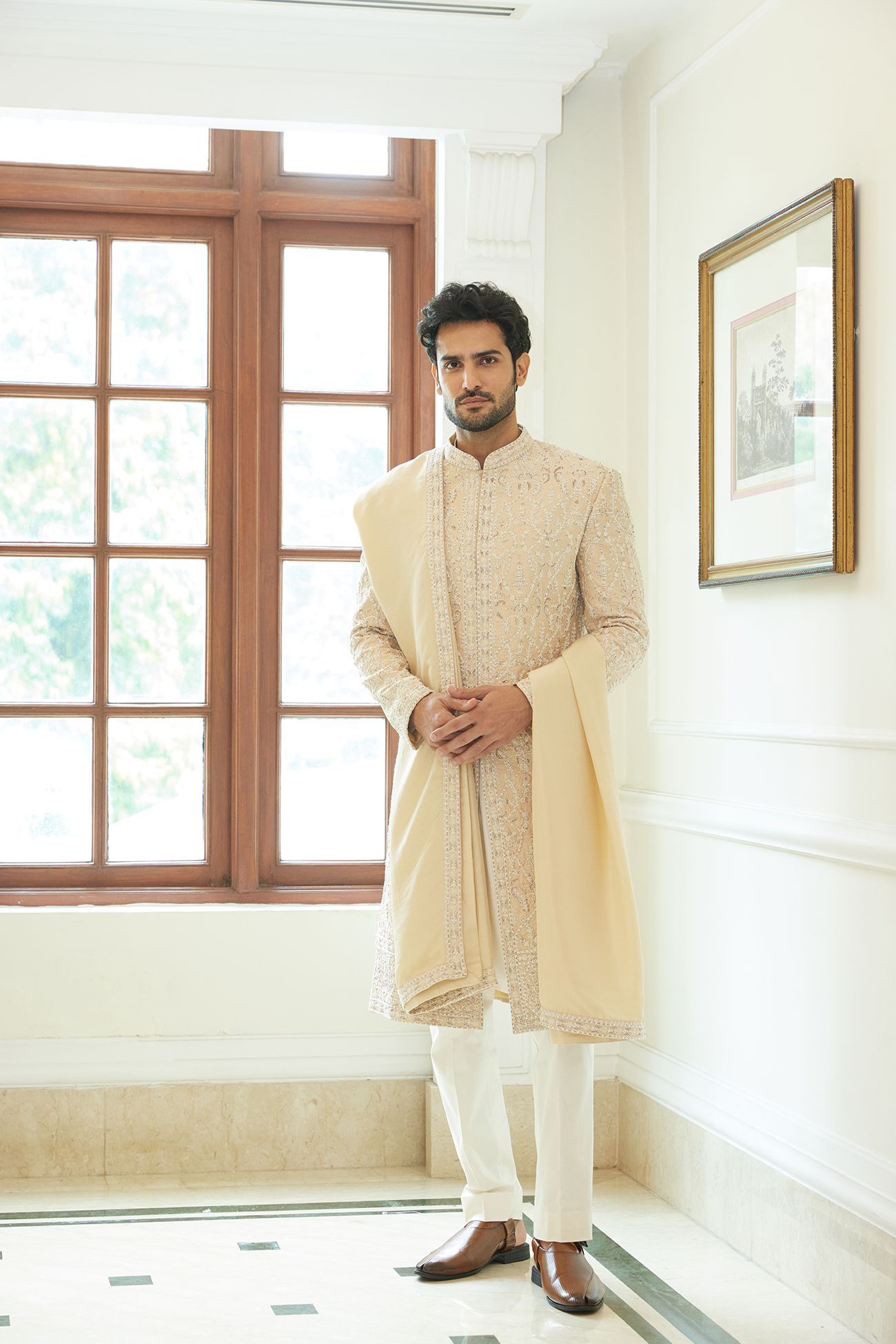 Peach Embroidered Dupion Silk Sherwani (3-Piece) - Image 2
