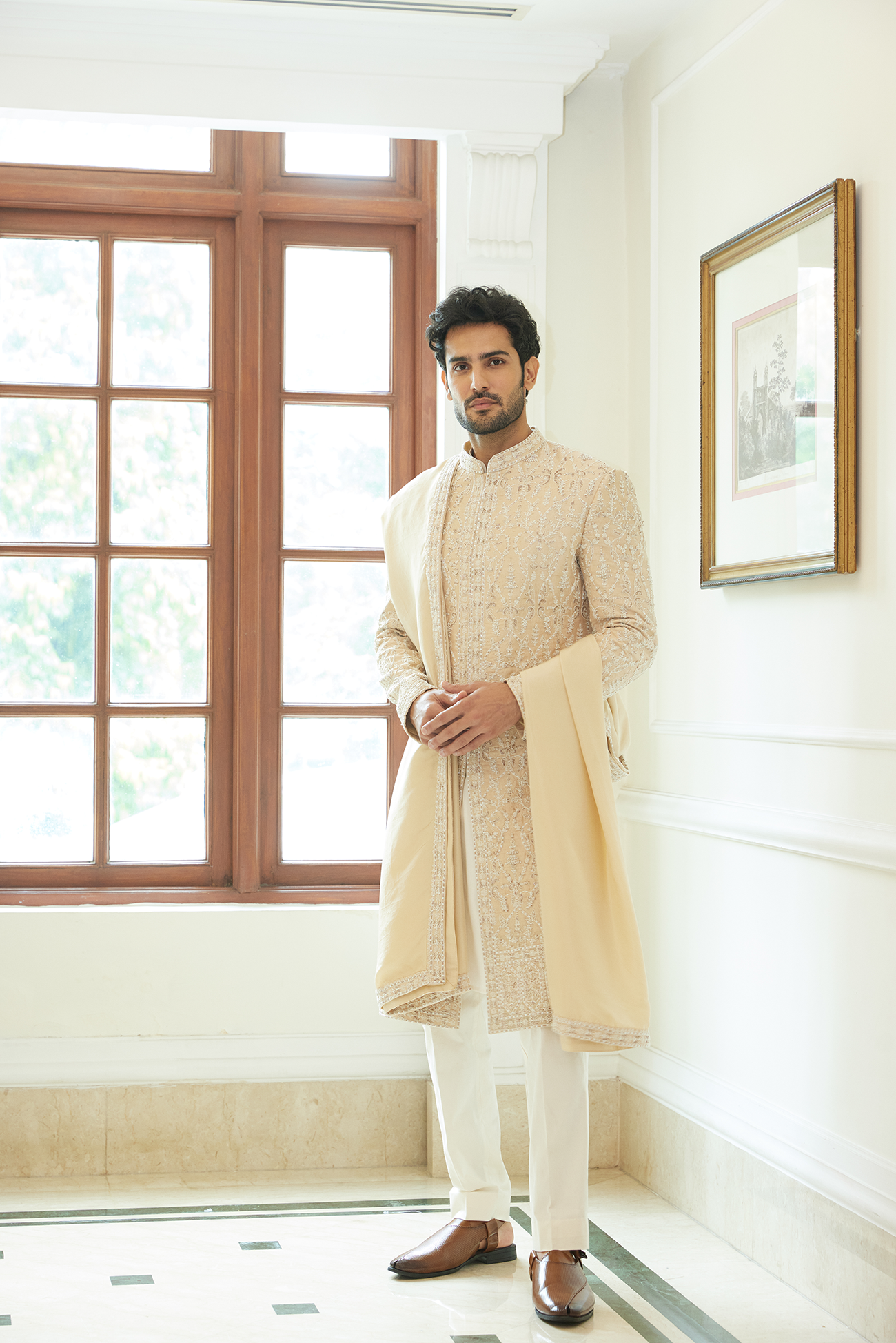 Peach Embroidered Dupion Silk Sherwani (3-Piece) - Image 3