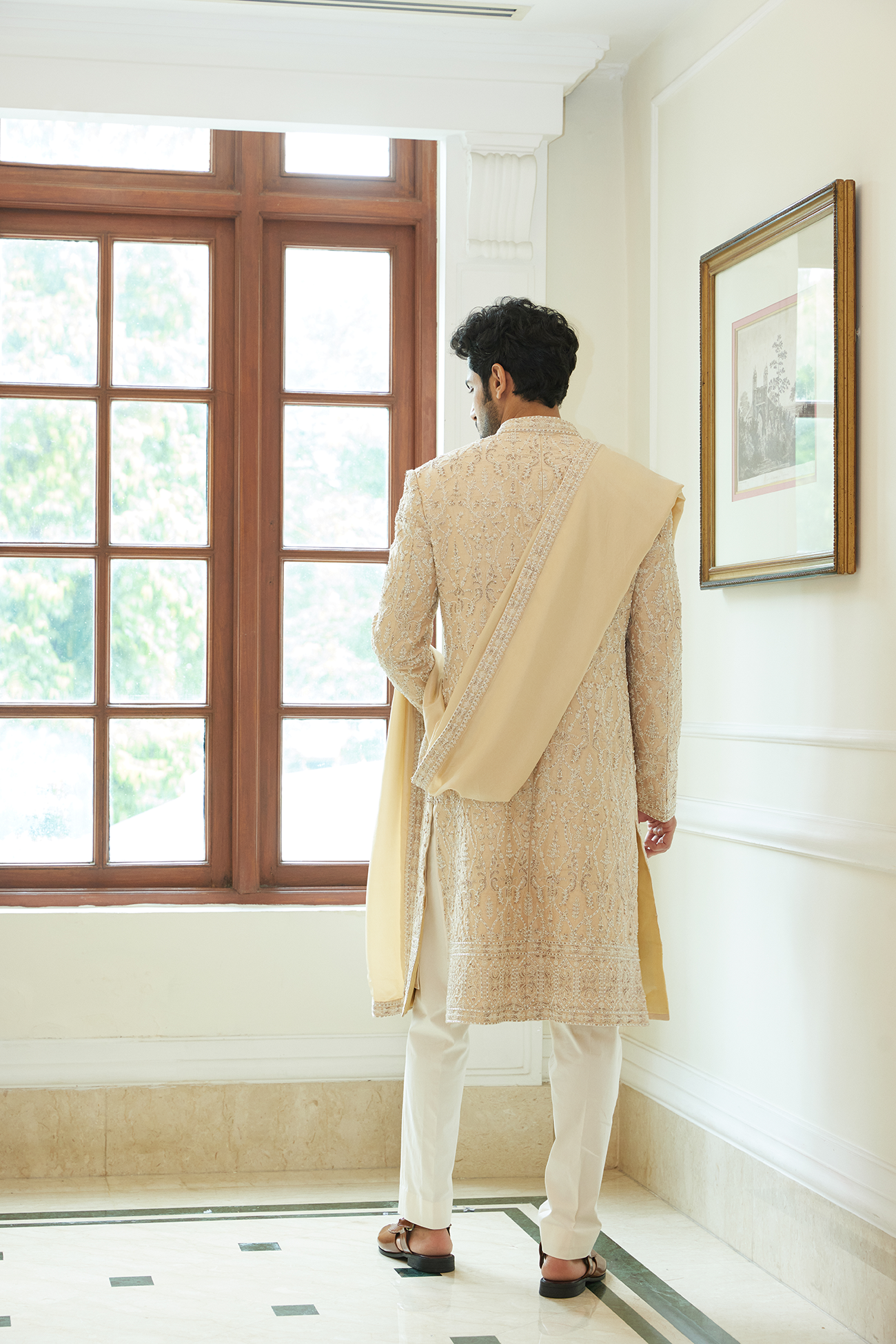 Peach Embroidered Dupion Silk Sherwani (3-Piece) - Image 4
