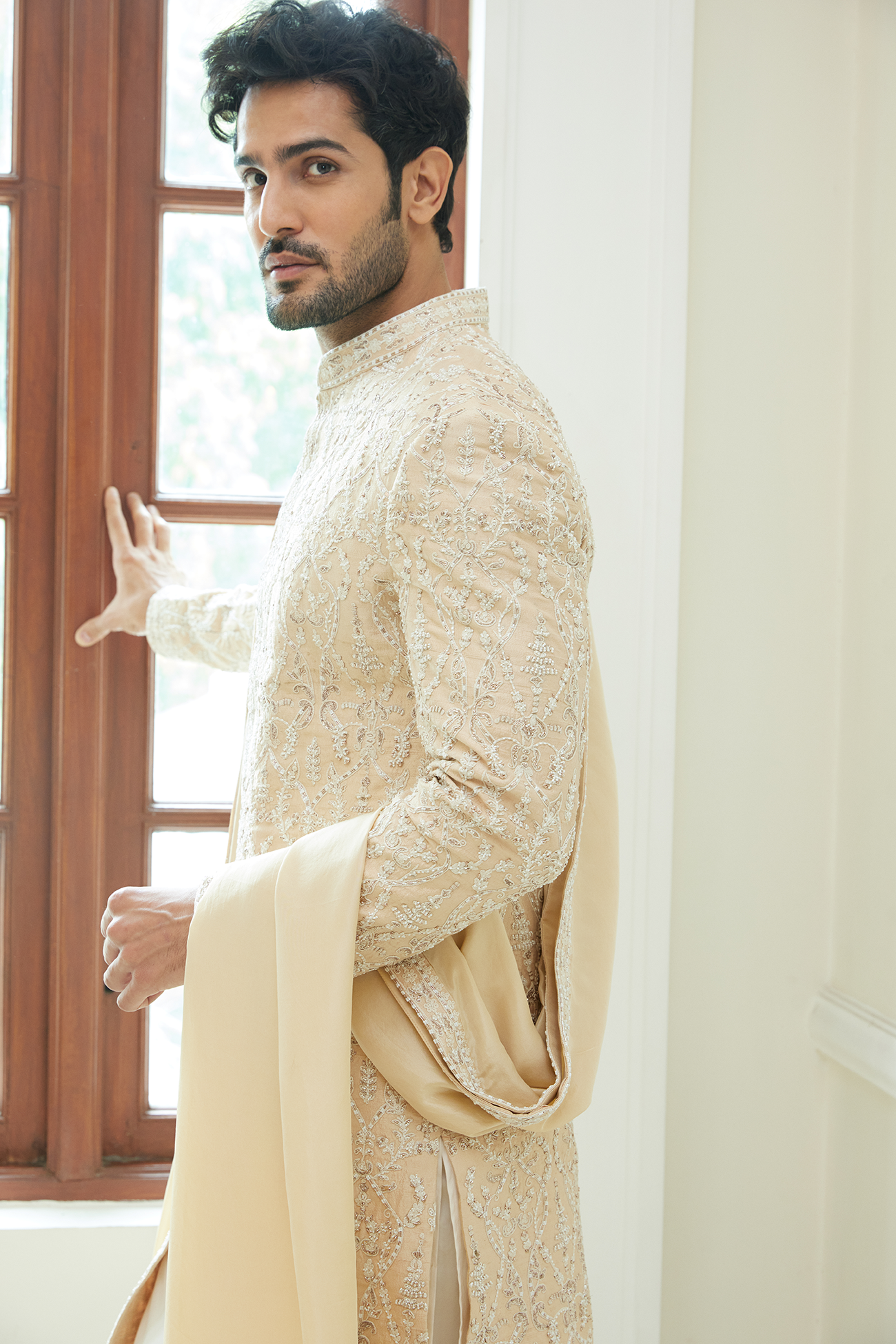 Peach Embroidered Dupion Silk Sherwani (3-Piece) - Image 5