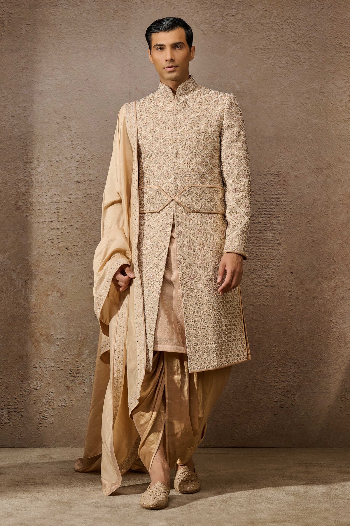 Salmon Embroidered Tissue Georgette Sherwani (3-Piece) - Image 2