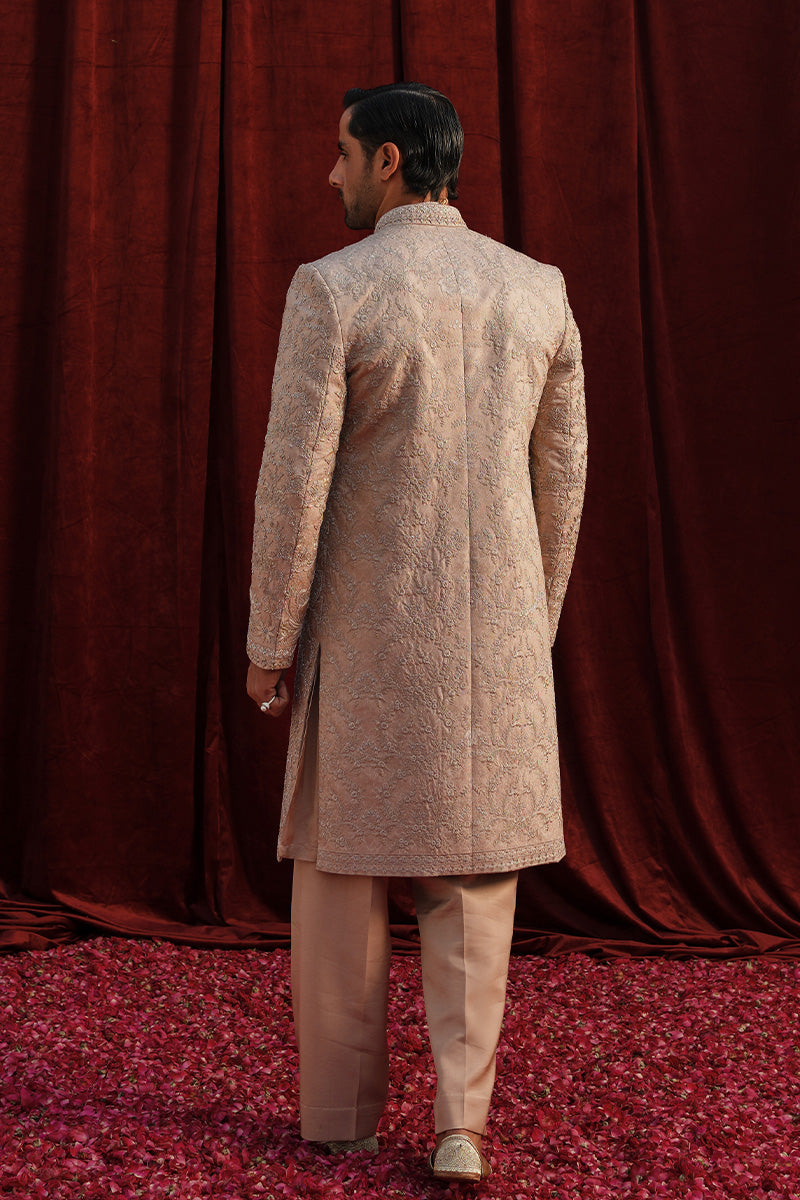 Champagne Pink Hand-Embroidered Jacquard Sherwani (3-Piece) - Image 4