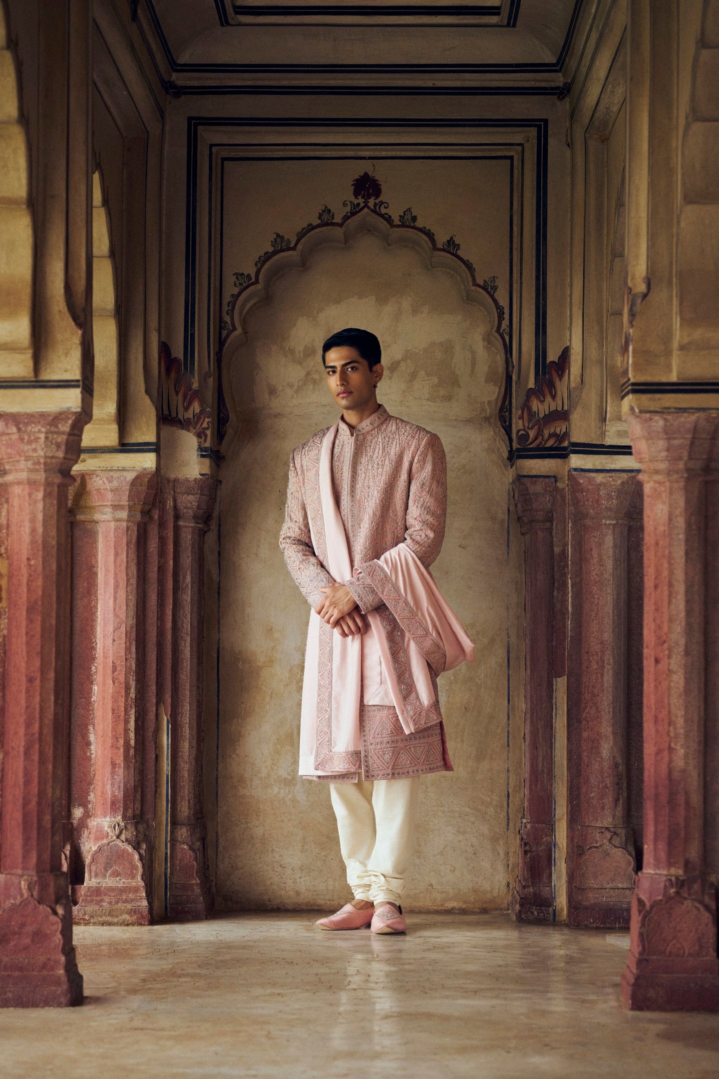 Dusty Rose Pink Embroidered Raw Silk Sherwani (3-Piece) - Image 2