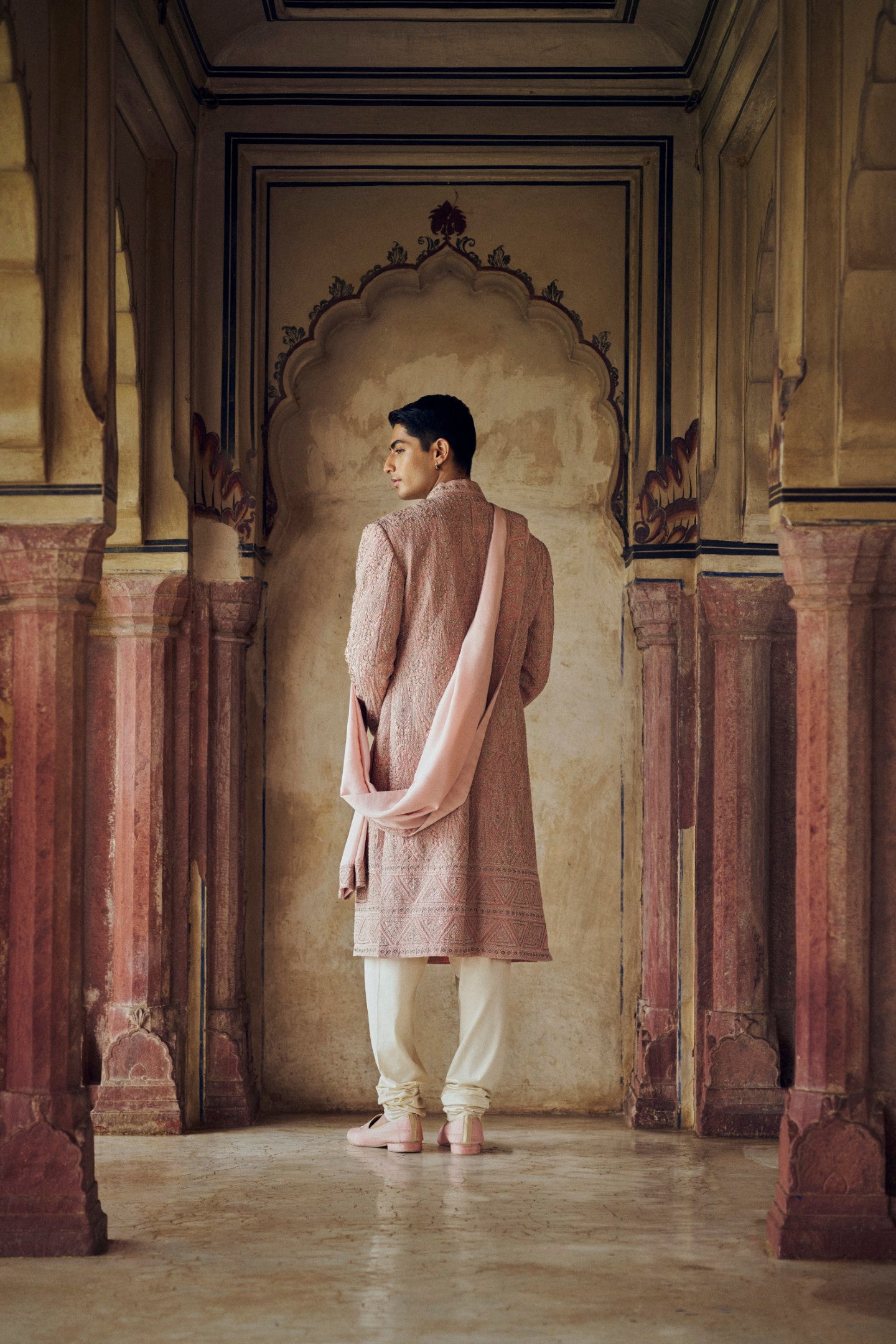 Dusty Rose Pink Embroidered Raw Silk Sherwani (3-Piece) - Image 3