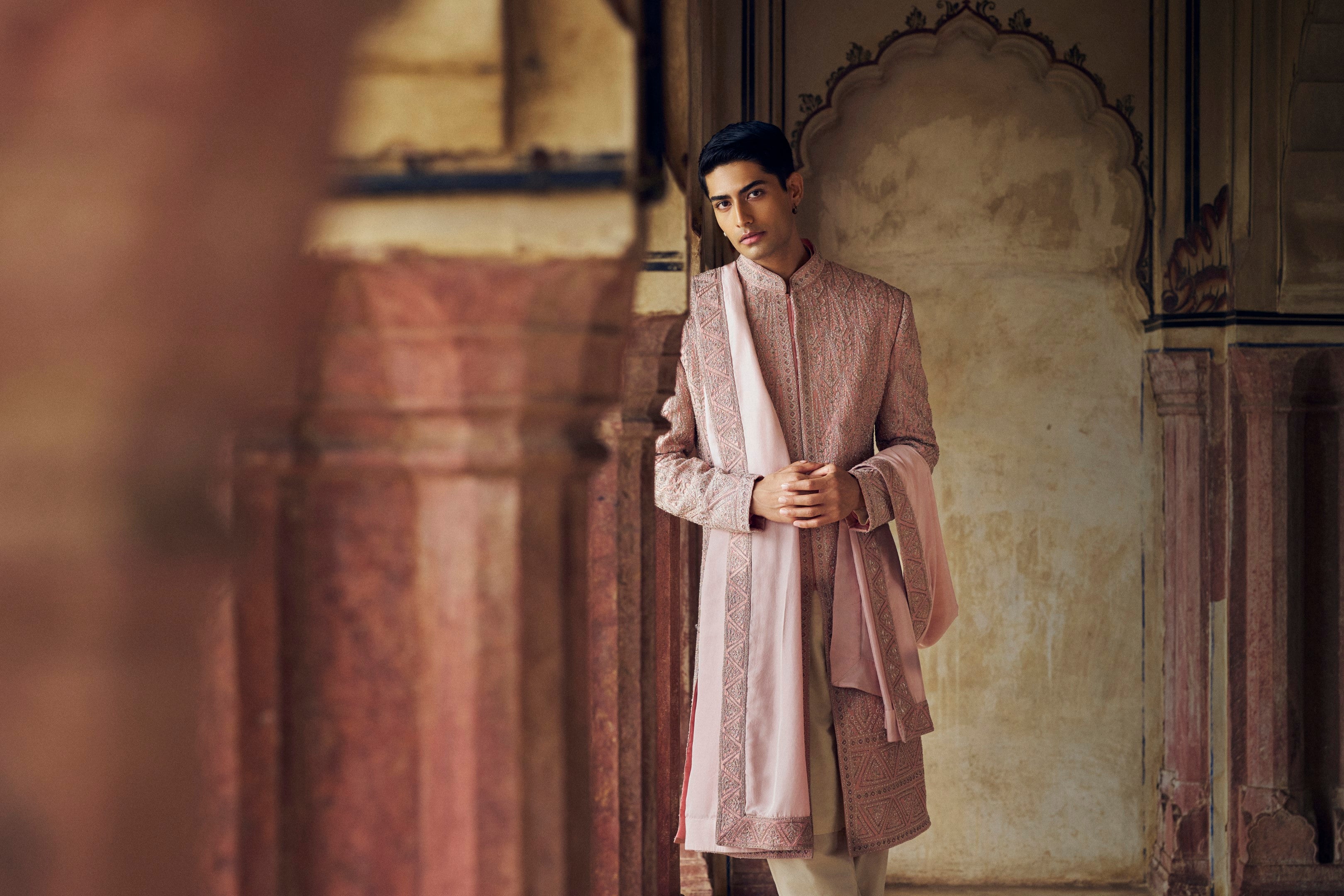 Dusty Rose Pink Embroidered Raw Silk Sherwani (3-Piece) - Image 4