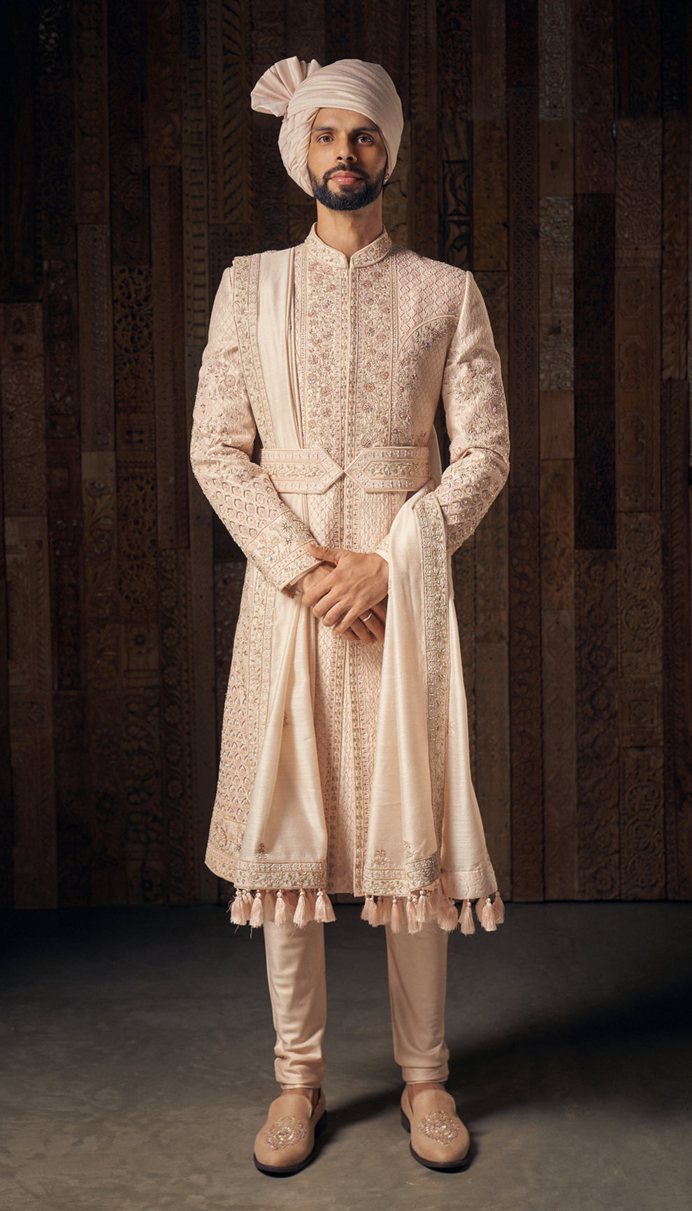 Shell Pink Embroidered Raw Silk Sherwani (3-Piece) - Image 1