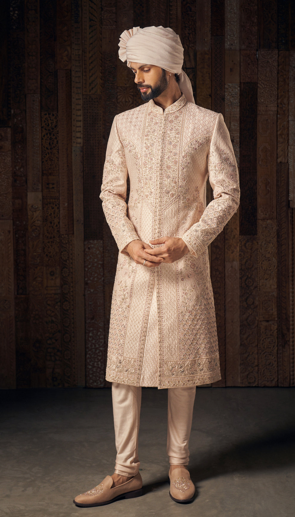 Shell Pink Embroidered Raw Silk Sherwani (3-Piece) - Image 3