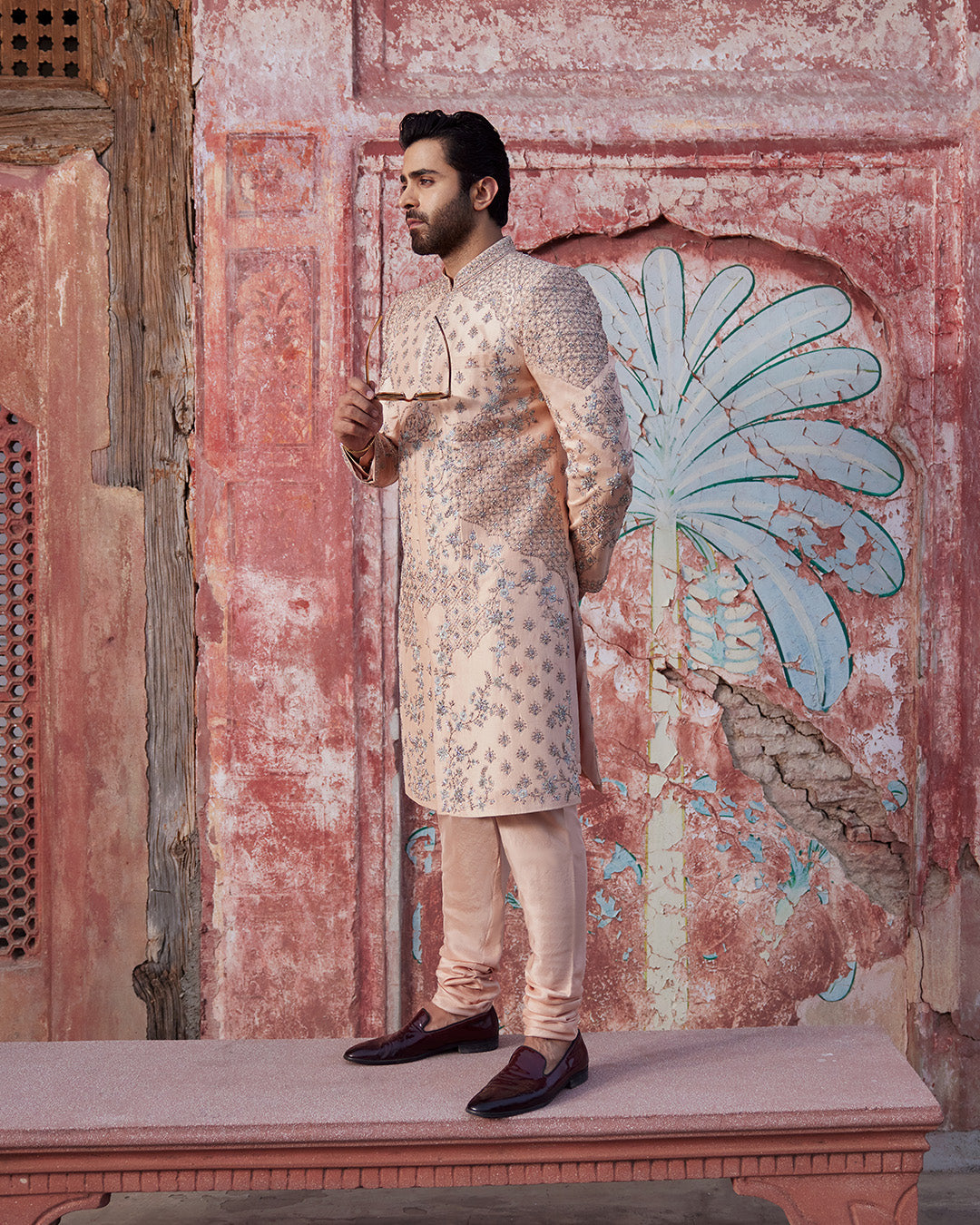 Peach Embroidered Pure Raw Silk Sherwani (3-Piece) - Image 1