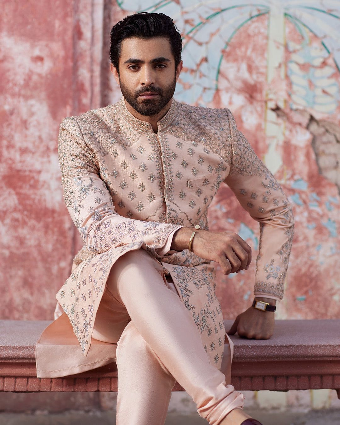 Peach Embroidered Pure Raw Silk Sherwani (3-Piece) - Image 2