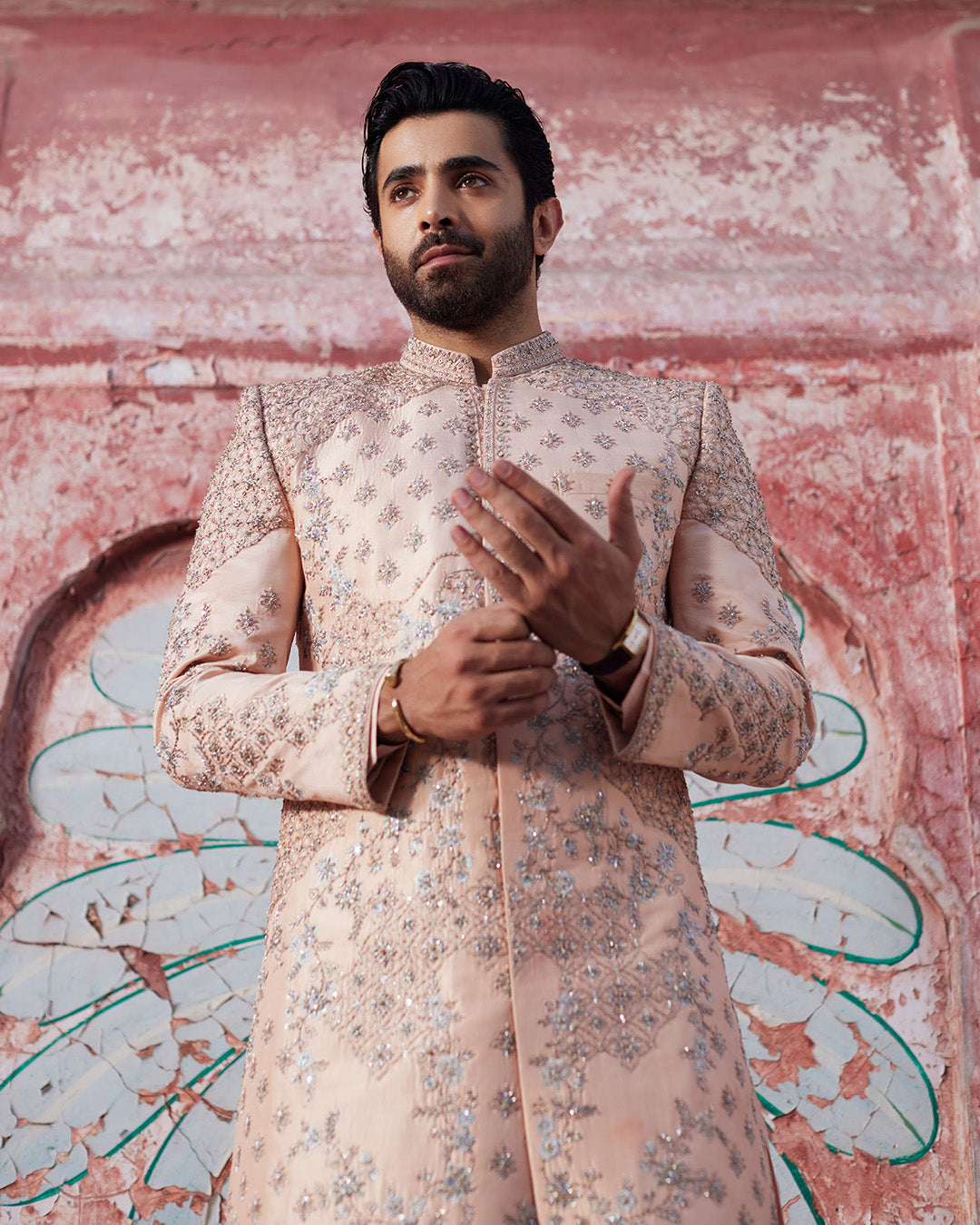 Peach Embroidered Pure Raw Silk Sherwani (3-Piece) - Image 3