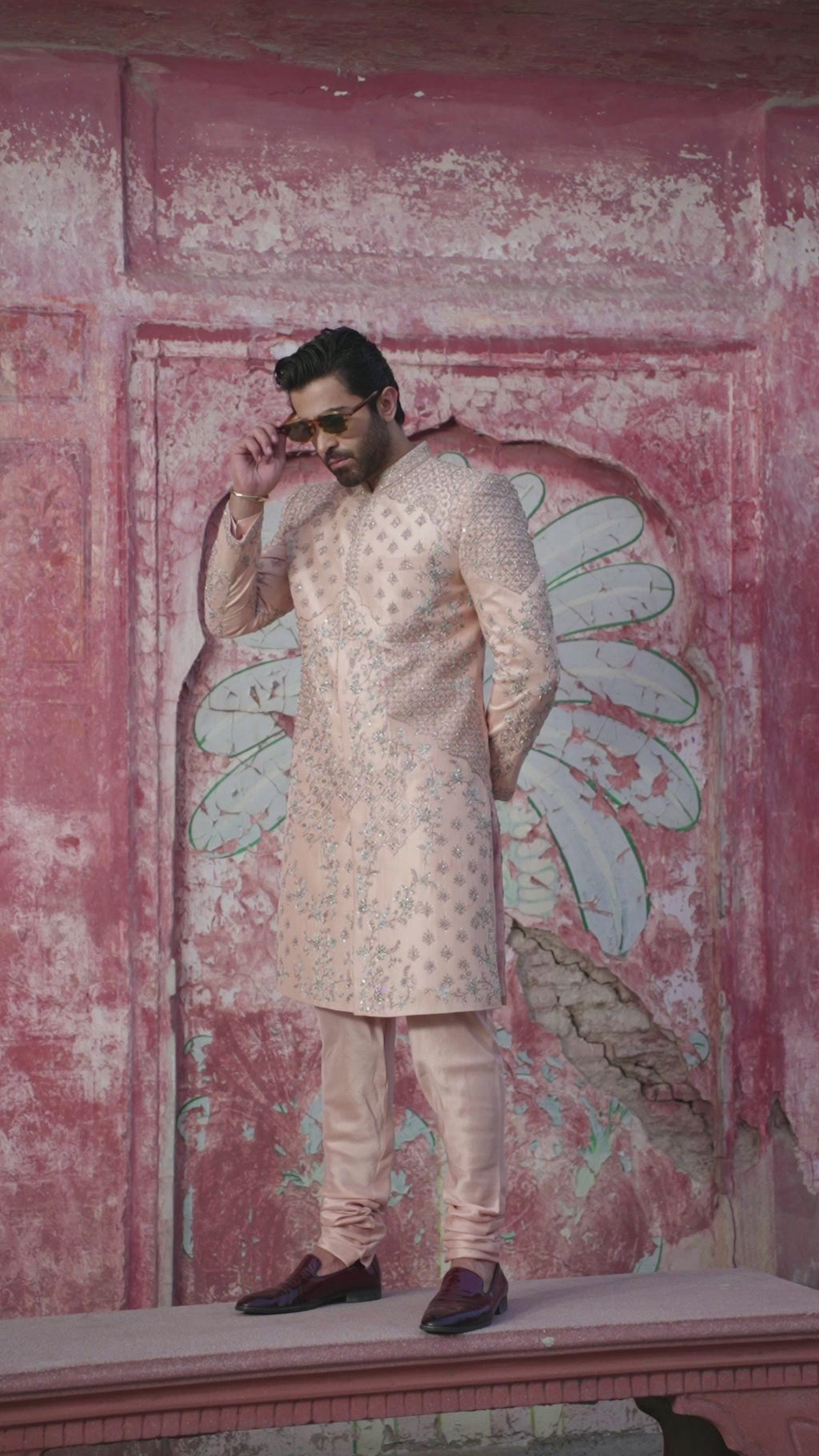 Peach Embroidered Pure Raw Silk Sherwani (3-Piece) - Image 8