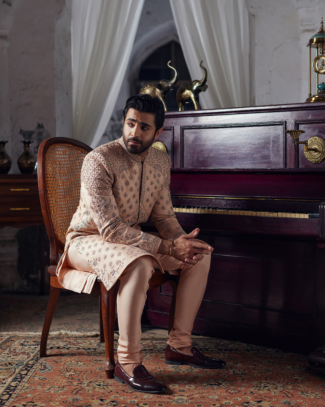 Peach Embroidered Pure Raw Silk Sherwani (3-Piece) - Image 4