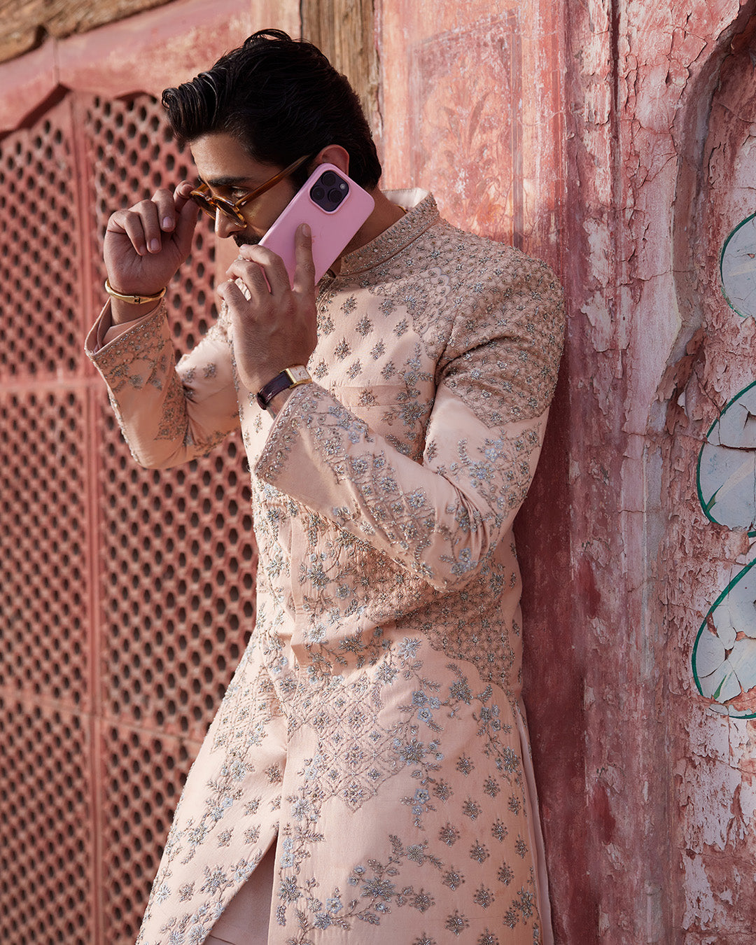 Peach Embroidered Pure Raw Silk Sherwani (3-Piece) - Image 5