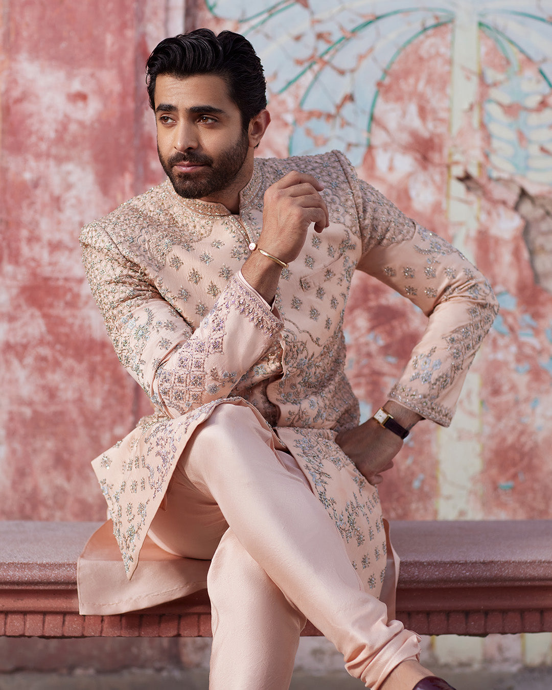 Peach Embroidered Pure Raw Silk Sherwani (3-Piece) - Image 6