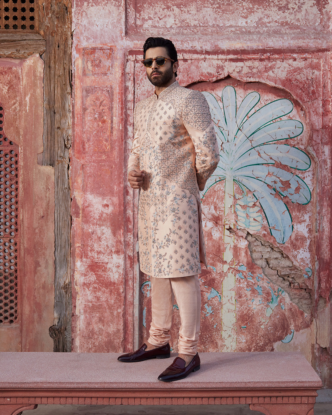 Peach Embroidered Pure Raw Silk Sherwani (3-Piece) - Image 7