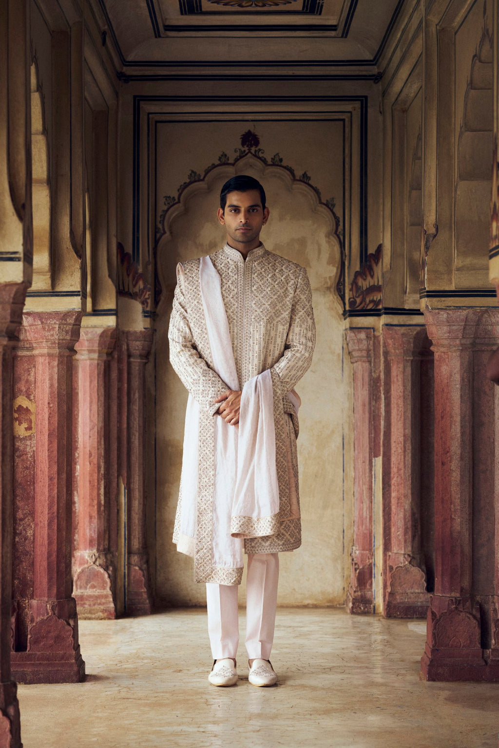 Blush Embroidered Raw Silk Sherwani (3-Piece) - Image 1