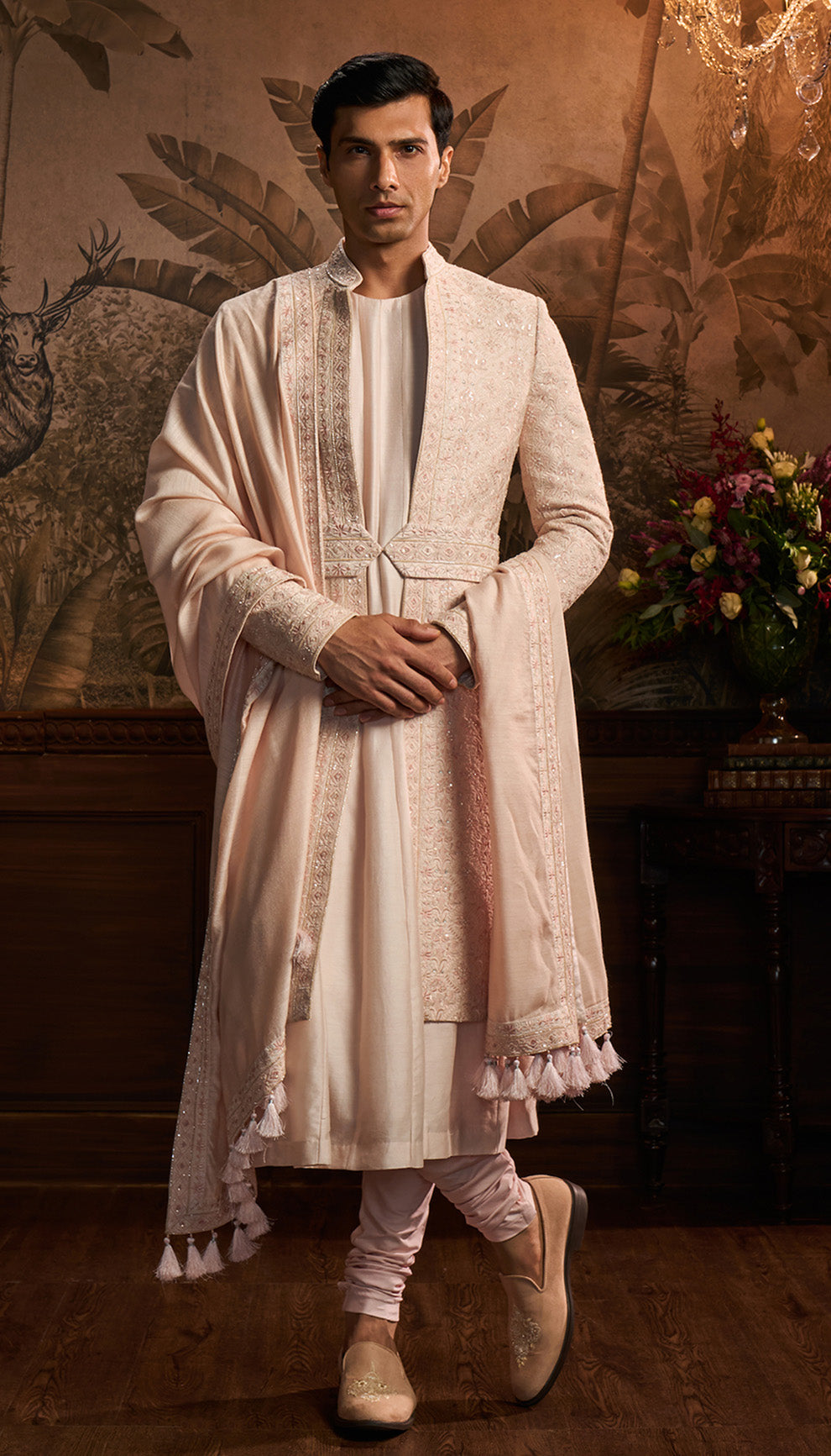 Powder Pink Resham Embroidered Raw Silk Sherwani (3-Piece) - Image 1