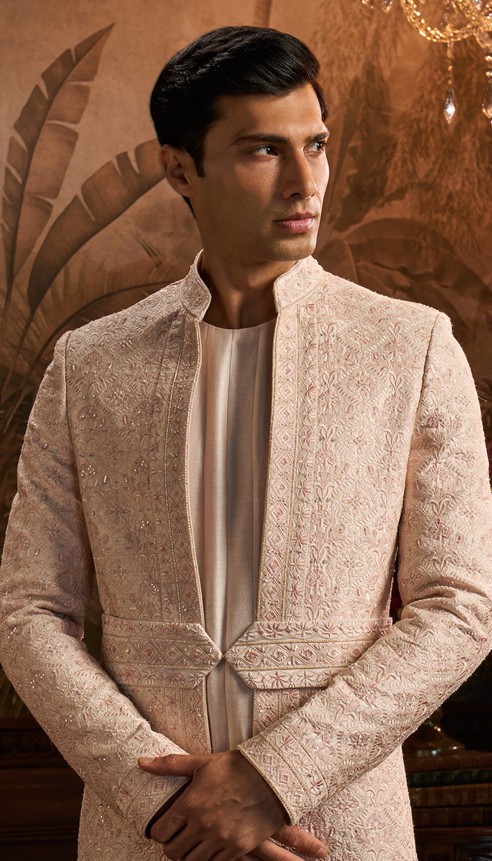 Powder Pink Resham Embroidered Raw Silk Sherwani (3-Piece) - Image 2