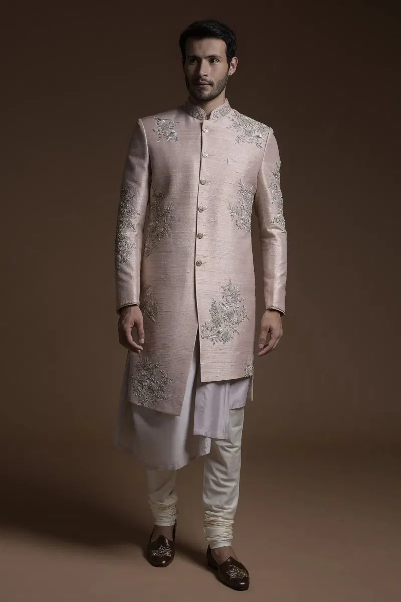 Nude Pink Embroidered Raw Silk Sherwani (2-Piece) - Image 1