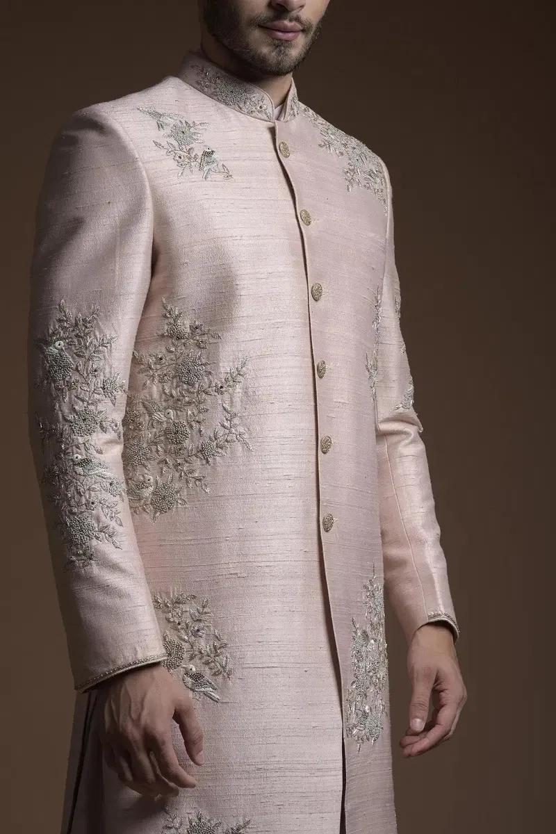 Nude Pink Embroidered Raw Silk Sherwani (2-Piece) - Image 2