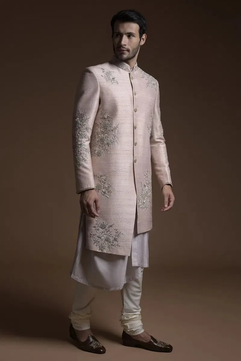 Nude Pink Embroidered Raw Silk Sherwani (2-Piece) - Image 3