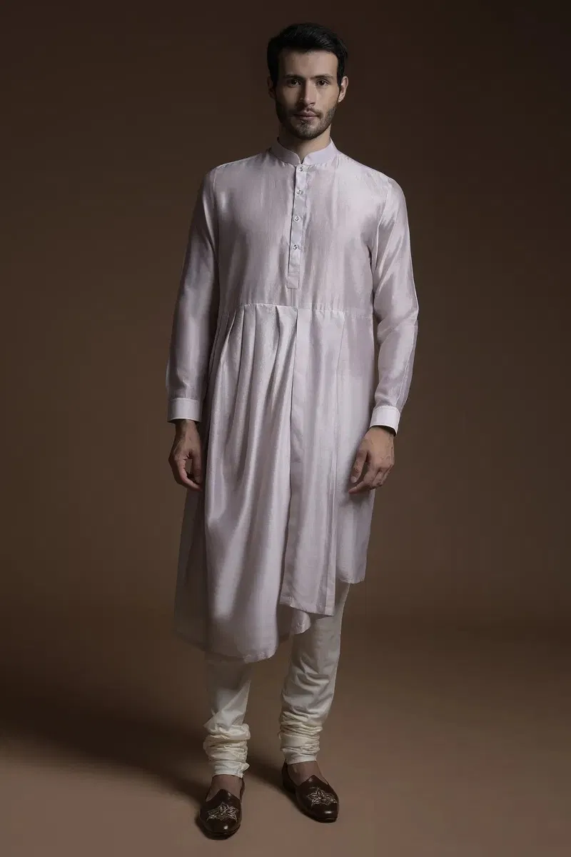 Nude Pink Embroidered Raw Silk Sherwani (2-Piece) - Image 5