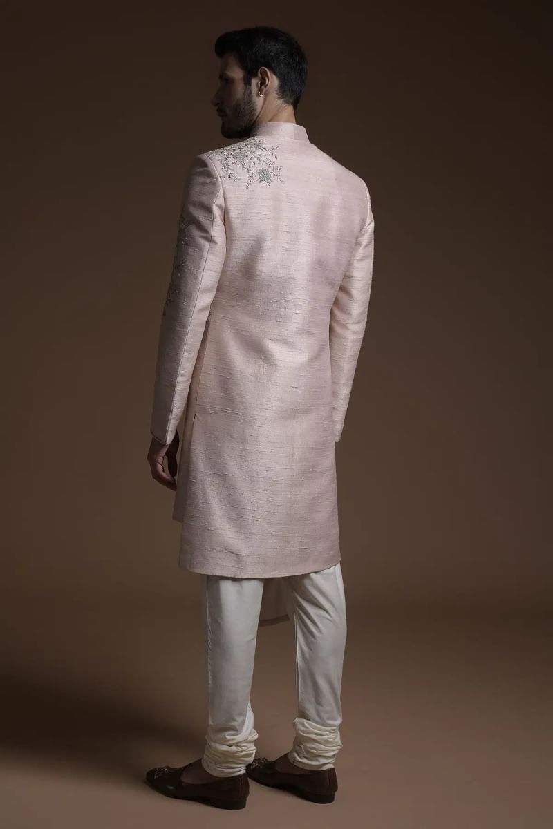 Nude Pink Embroidered Raw Silk Sherwani (2-Piece) - Image 6