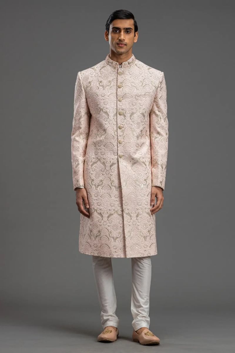 Pale Pink Embroidered Raw Silk Sherwani (2-Piece) - Image 1