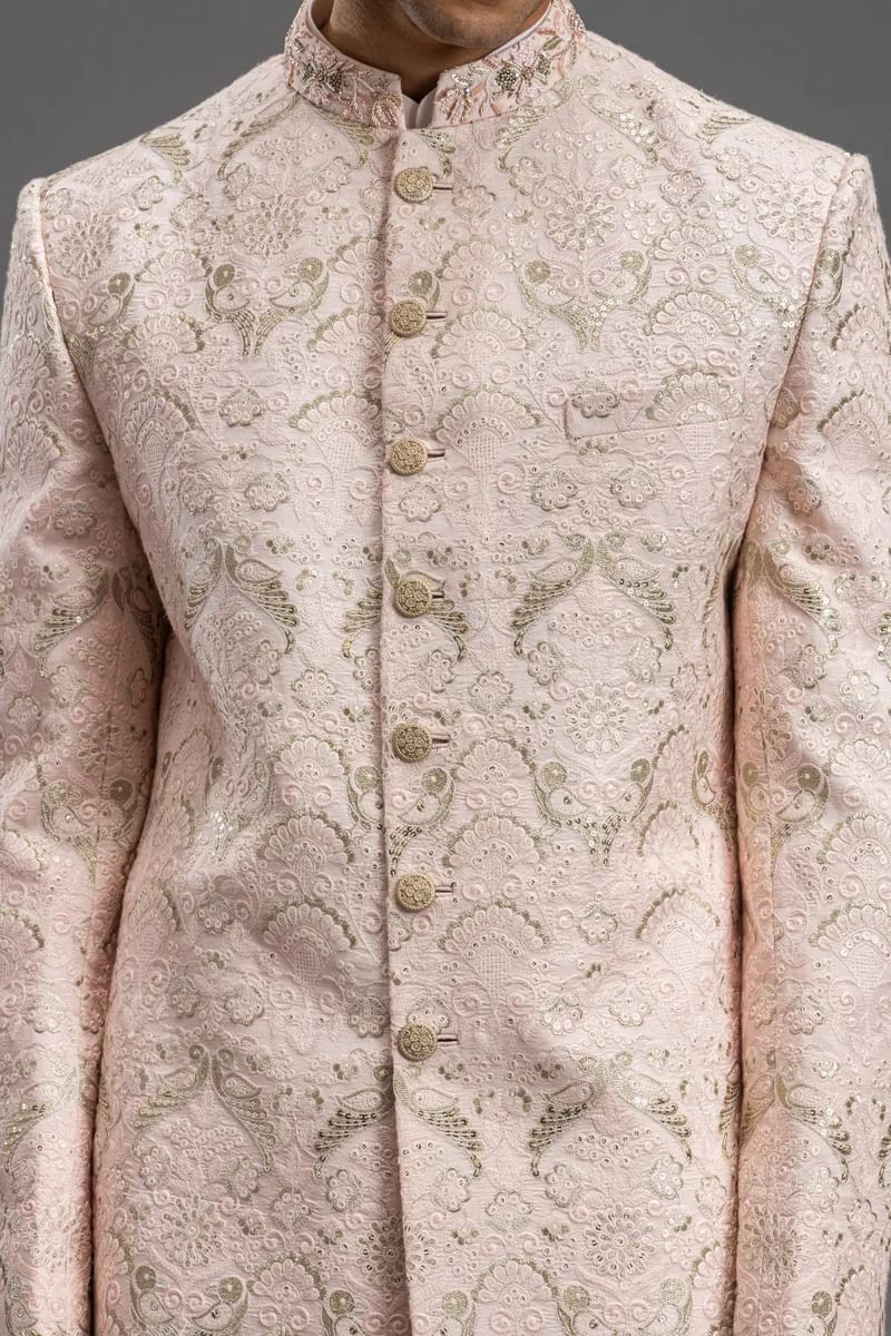 Pale Pink Embroidered Raw Silk Sherwani (2-Piece) - Image 2