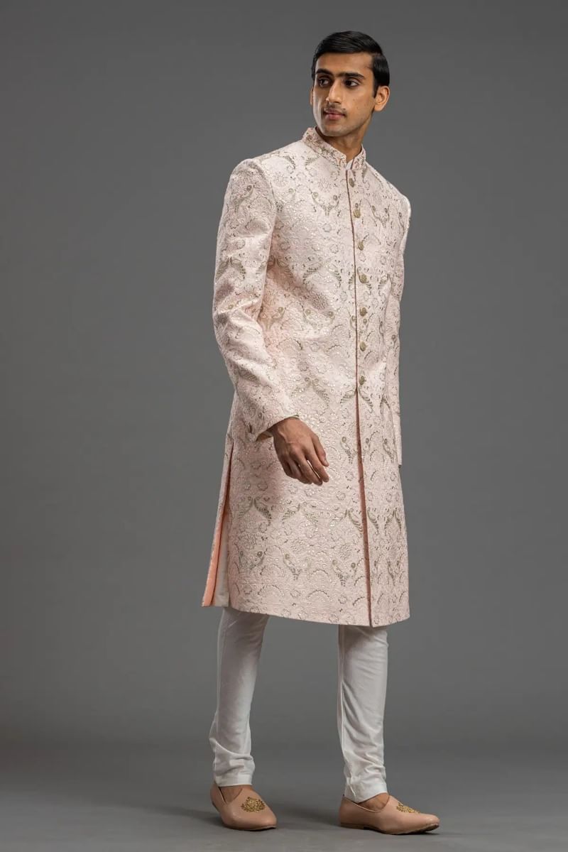 Pale Pink Embroidered Raw Silk Sherwani (2-Piece) - Image 3