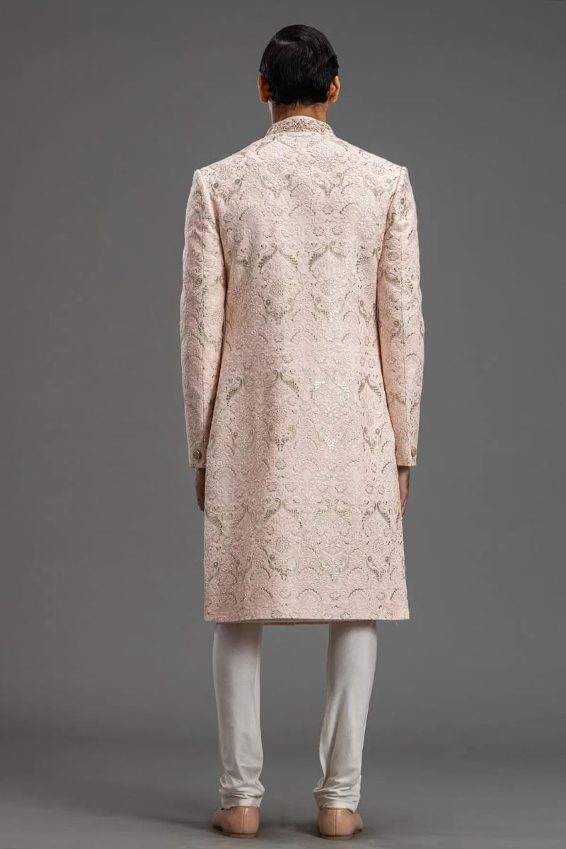 Pale Pink Embroidered Raw Silk Sherwani (2-Piece) - Image 5