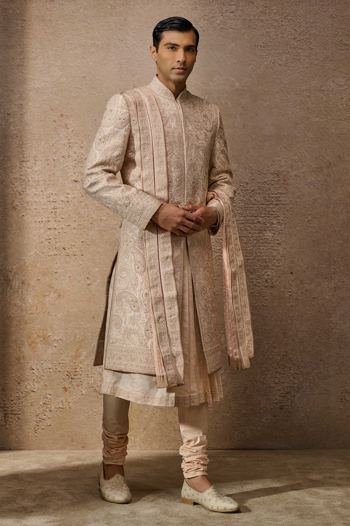 Salmon Embroidered Silk Dupion Sherwani (6-Piece) - Image 2