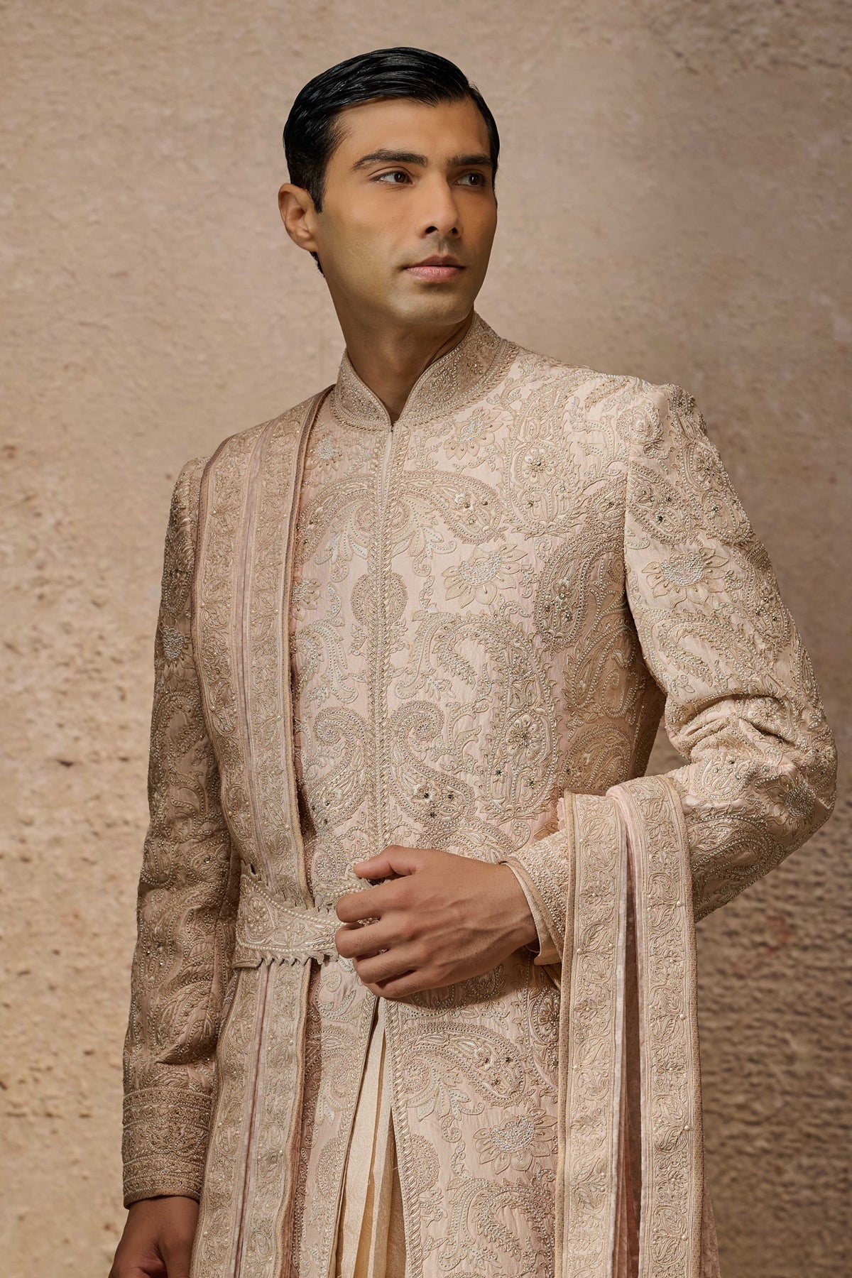 Salmon Embroidered Silk Dupion Sherwani (6-Piece) - Image 3