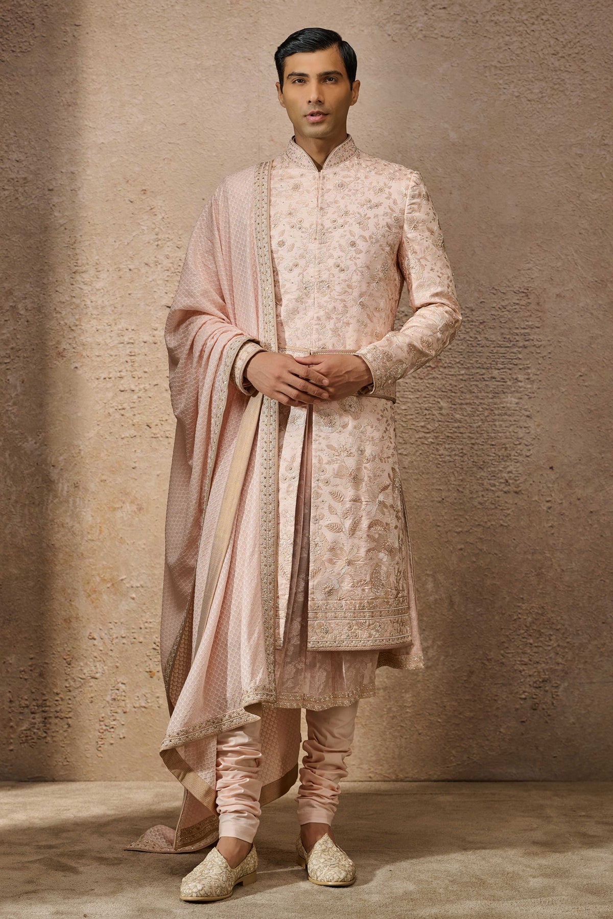 Salmon Floral Embroidered Silk Dupion Sherwani (5-Piece) - Image 1