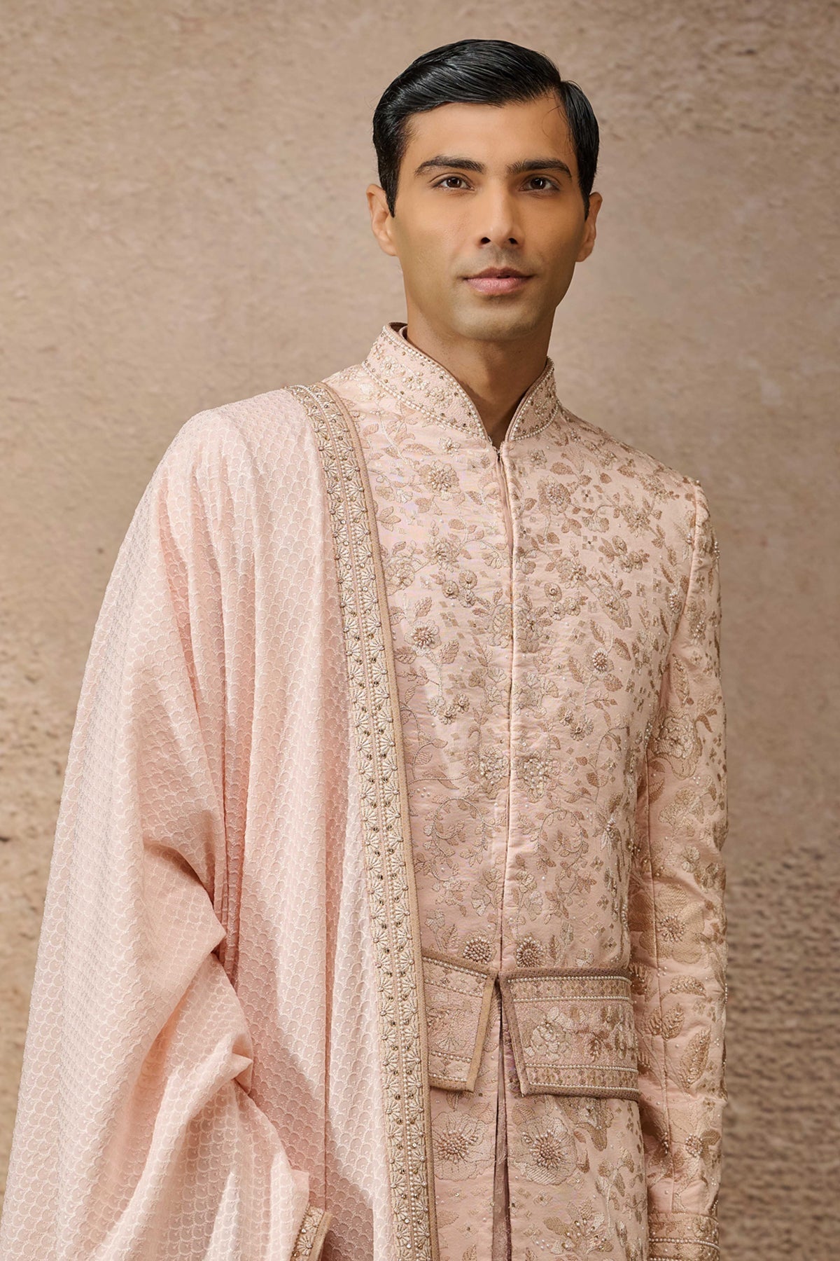 Salmon Floral Embroidered Silk Dupion Sherwani (5-Piece) - Image 3