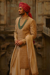 Salmon Embroidered Tussar Gicha Silk Sherwani (3-Piece) - Image 3
