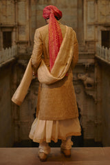 Salmon Embroidered Tussar Gicha Silk Sherwani (3-Piece) - Image 4