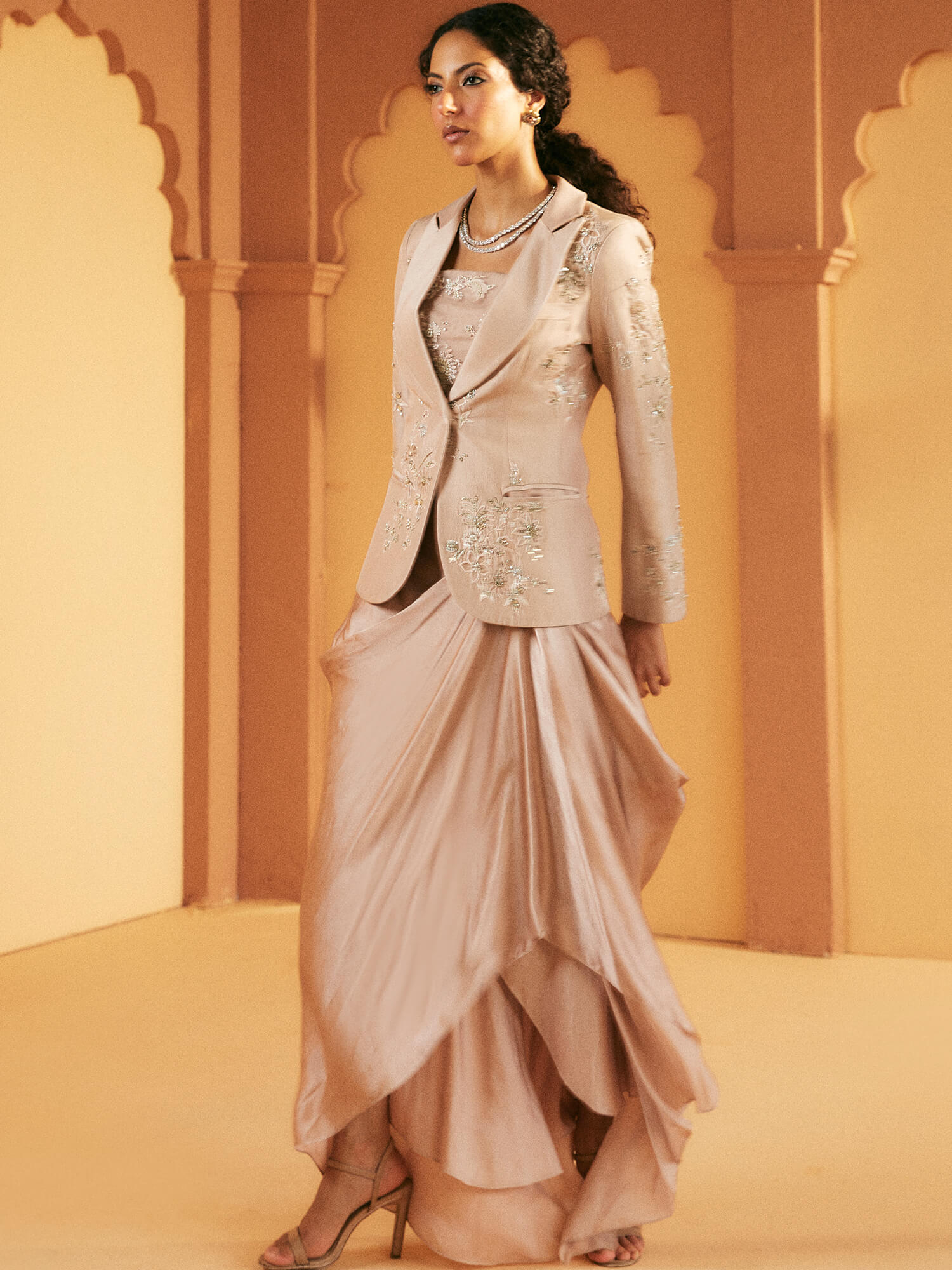 Pakistani Quartz Pink Zardozi Raw Silk Blazer Set (3-Piece) - Image 1